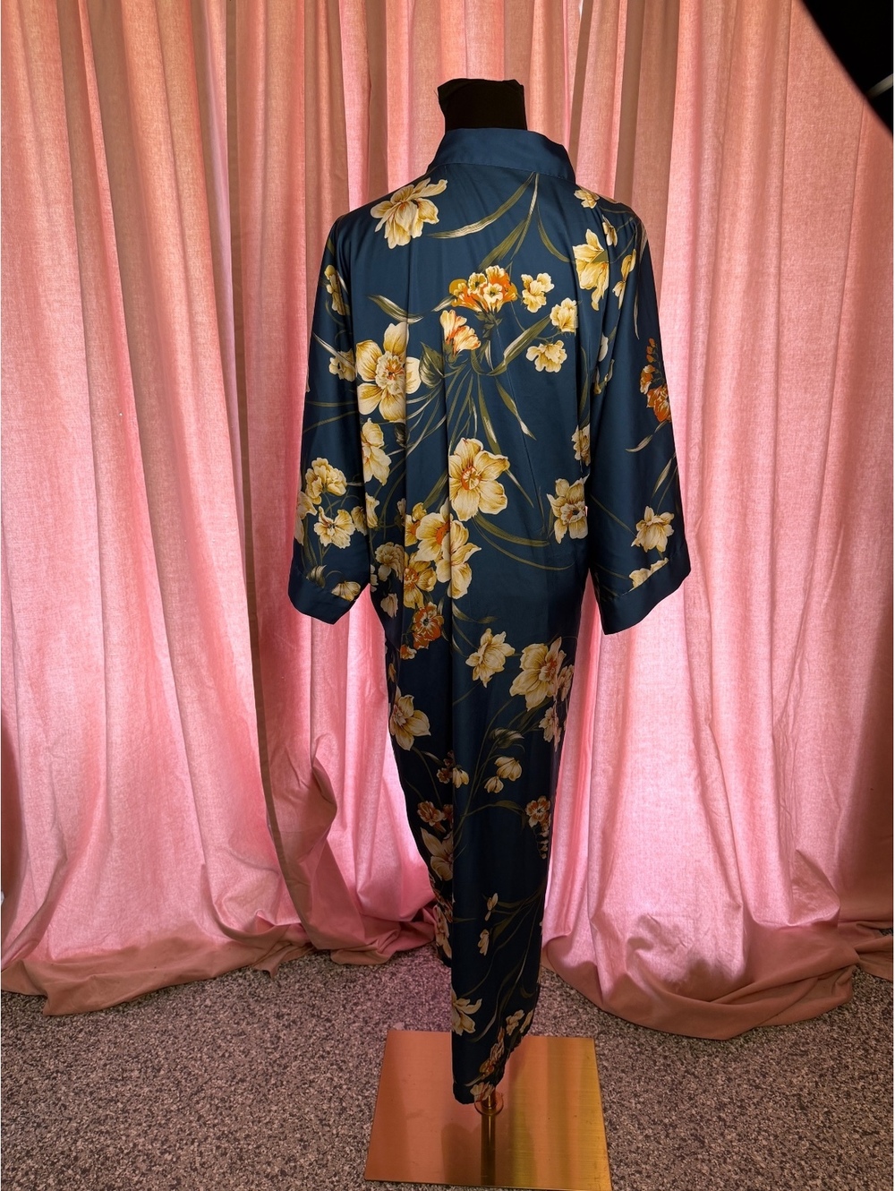 Dark Blue Floral Satin Kimono Robe with Yellow Flowers - Picture 2 of 3